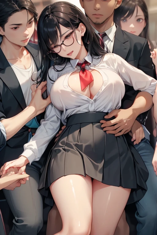 Stema Peace、hanekawa tsubasa、attack of glasses、A dark-haired、two braids、large boob、 (Black hair, Brown eyes, Round face), (nose blush, half opened eye),, [Full body shot]、eye glass、Head-to-toe shots、A dark-haired、Tying up the chest...、lifted by a rope、あいUncensored、uncut、20+、Ahegao、Overflowing love juice、Uncensored、Pink nipples、