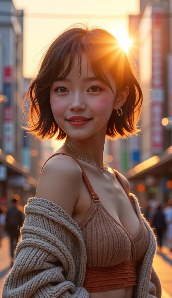 22 year old girl、 baby face、White Breath、((Tokyo cityscape))(  sunrise)((knit coordination ))( sexy)
 best quality,  anatomically correct,  high detail,  very detailed,  textured skin ,  smiles, 