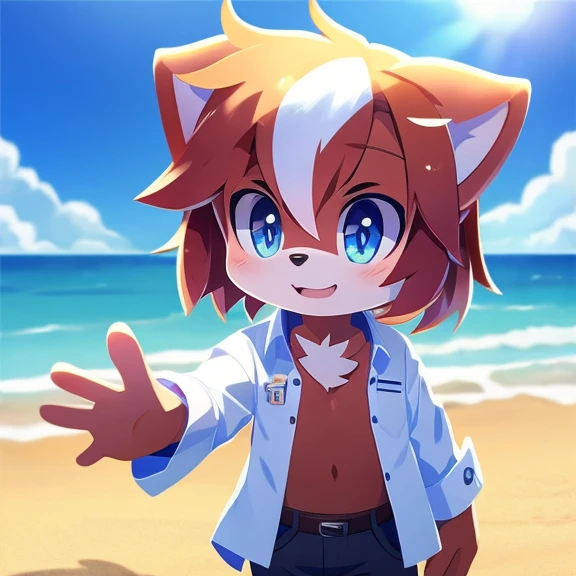 Boy for cute dog shiny hair detailed body open shirt beach background 