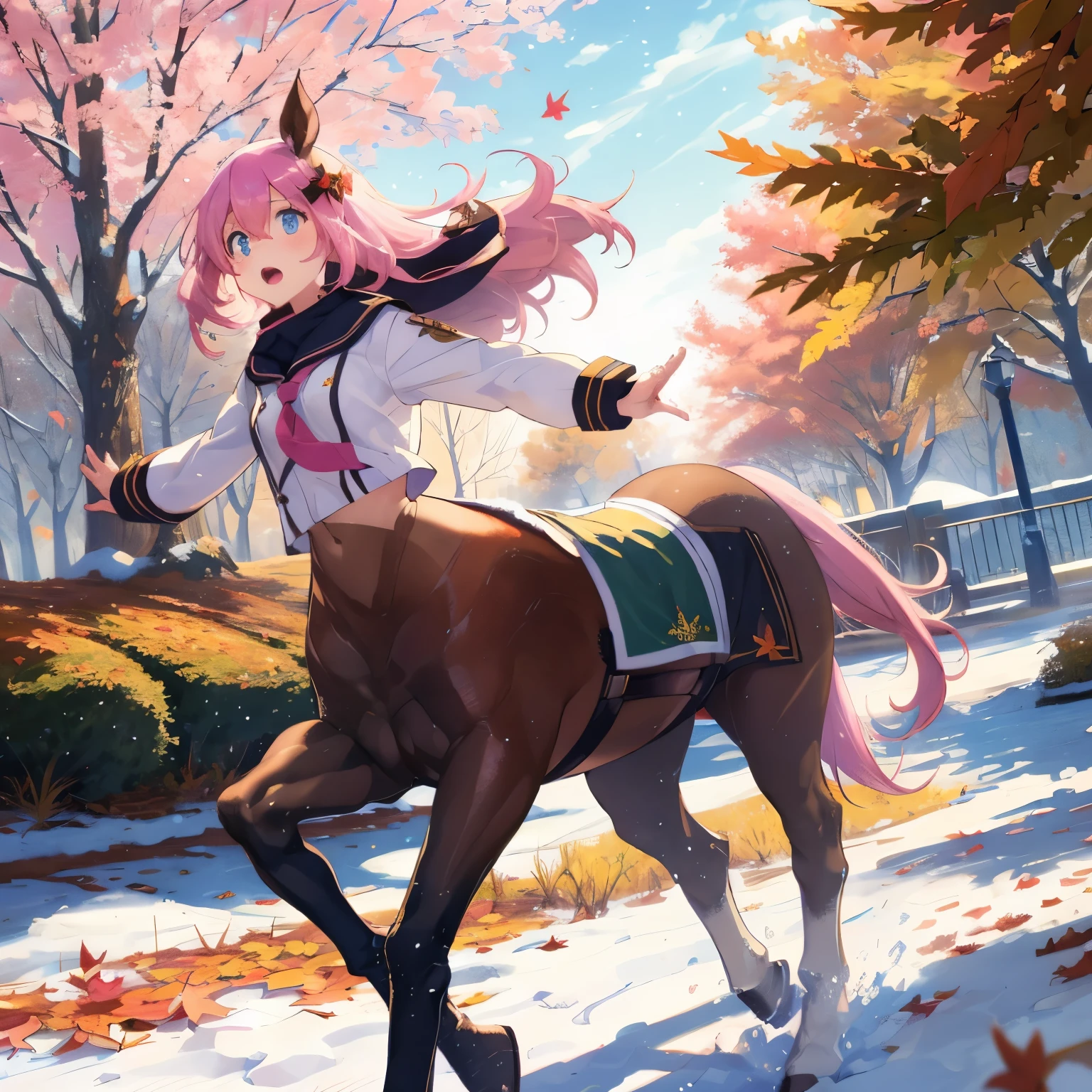  Masterpiece  , Ultra-high-definition CG ,  top quality， very young girl ，Centaur， pink twin-haired  ,Winter uniform， Brown elementary school student  ，  Running，Machimachi ，Hurry，Surprised，  fall leaves for vaginal discharge，
