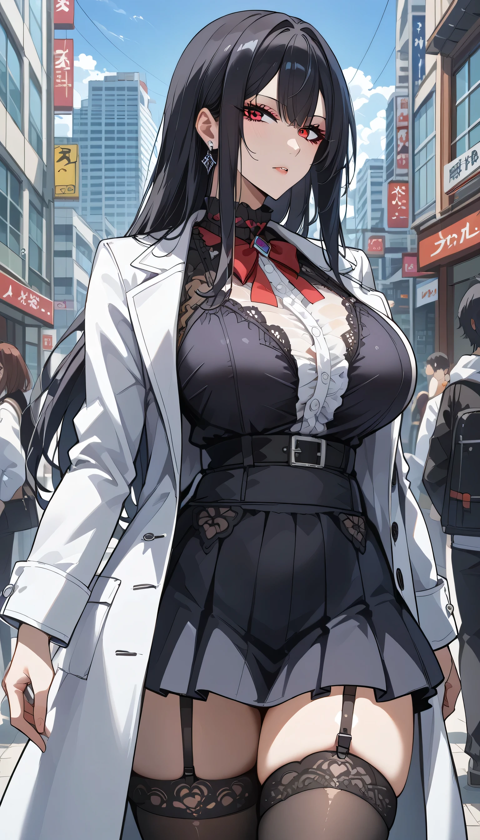 bustling street、City Street 、building、 Scramble Crossing 、 crowds、 frustrated、Depressed、Bad mood、 I'm in a bad mood、 adult appeal 、Tall Women、A woman in her thirties、 Alassah's woman 、steins;Gate、Bad mood、 score_9,  score_8_up,  score_7_up,  source_anime,masterpiece、BUILDING STREET 、City Street 、akihabara、City、Around town、bustling street、Tokyo、 No Emotion、 no makeup、 top quality, beautifully detailed eyes , Exquisite Eyes、A sophisticated eye、 highly detailed eyes and face,Unmotivated look、Apathetic face、 long breasts, 1 female,  wear white coats、 gray shirt、 Gothic Lolita That Makes You Cleavage、 Gothic Lolita Shirt Under a White Coat、 Grey Gothic Lolita Shirt 、Black Gothic Lolita Skirt 、灰色の Gothic Lolita That Makes You Cleavageなワイシャツ、 Black Gothic Lolita Skirt 、 Mini Skirt、 short skirt  , Big saggy breasts, shockingly  Big Breasts ,  Big Breasts , room,Big Breasts、 boobs 、 zitales , makeup、 no makeup、 black hair、 long hair、Smooth straight hair、 black stockings、 garter belt、black garter belt 、 tall women、Tall Women、 plump thighs 、