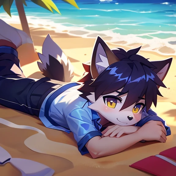 Boy for wolf cute shiny hair detailed body open shirt beach background 