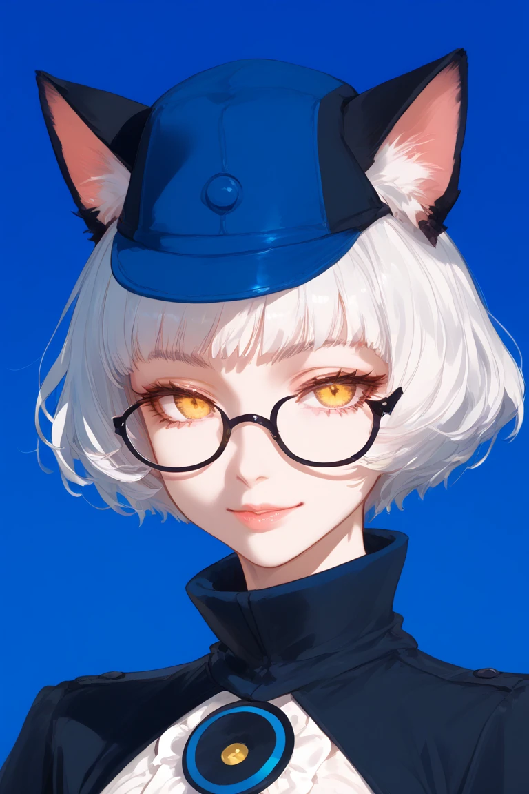 1girl, White Hair, Short Hair, yellow eyes, deep eyes, glasses, slight smile, beautiful eyes, beautiful face 
Hat on her head, cat ears, blue background, beautiful light 
High Resolution, Masterpiece, Best Quality, High Details, High Quality, Super Detailed, Accurate, 