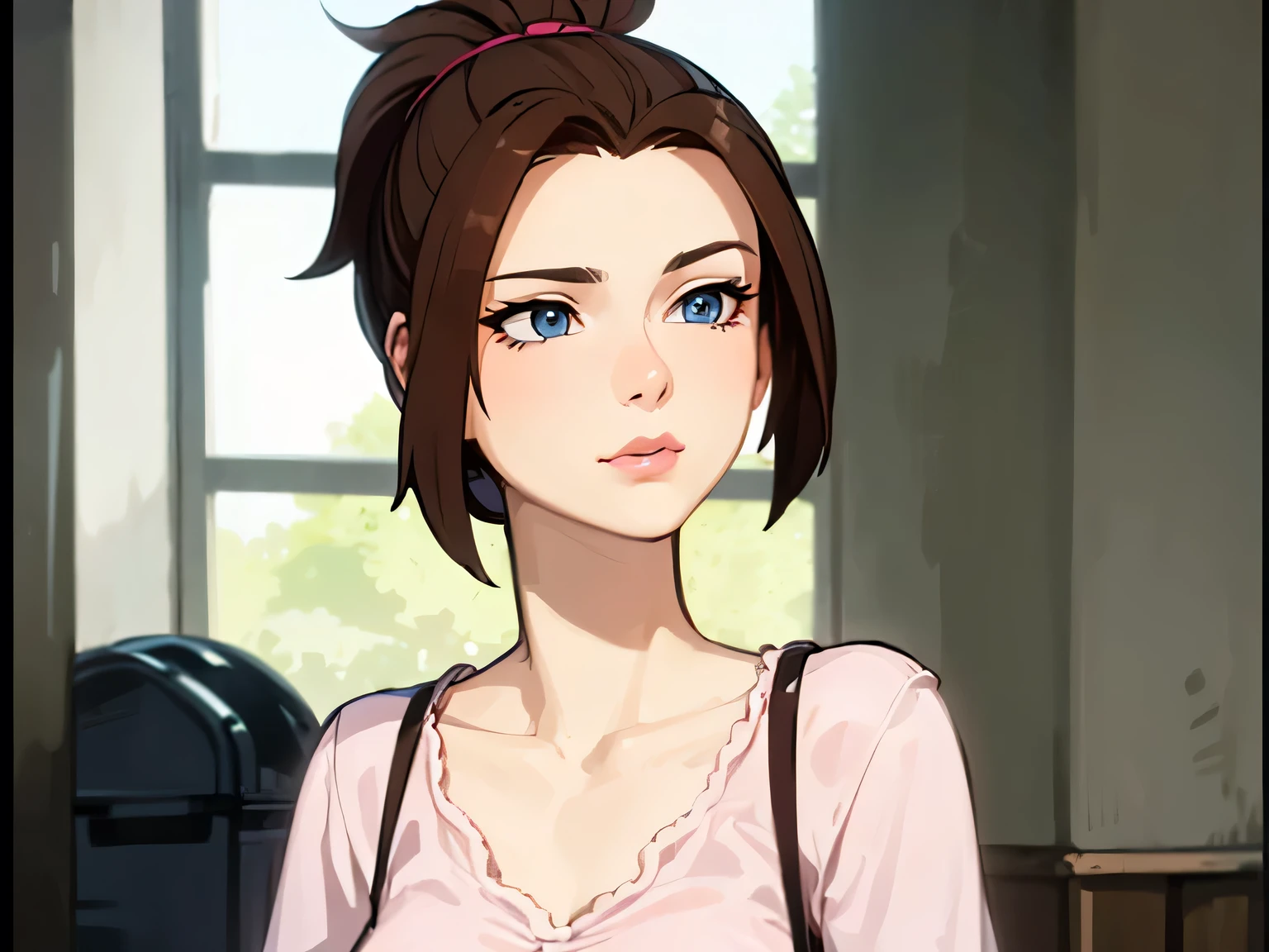 (masterpiece, best quality:1.2) 1girl, woman in her early 20s, pink shirt, face close-up, brown hair, ponytail, indoors, blue eyes, lipstick, looking at viewer, Letuck

