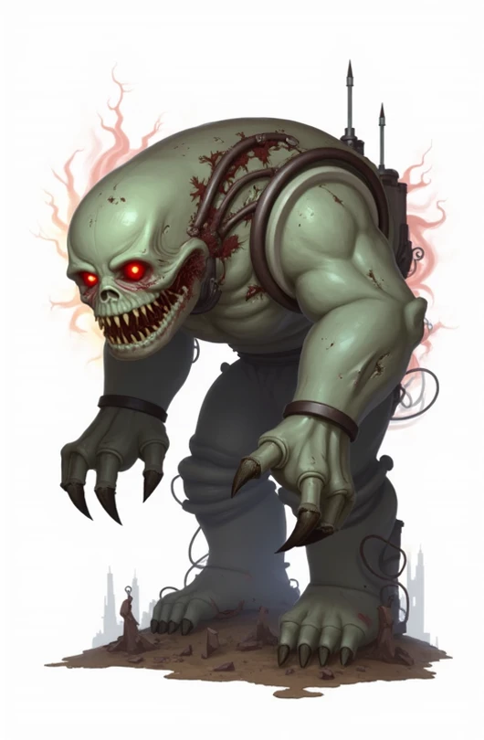 art horror by apterus. zombie torn clothes with patterns, a creature with big head and small body, against the background of a round red glow. apterus creepy anatomy