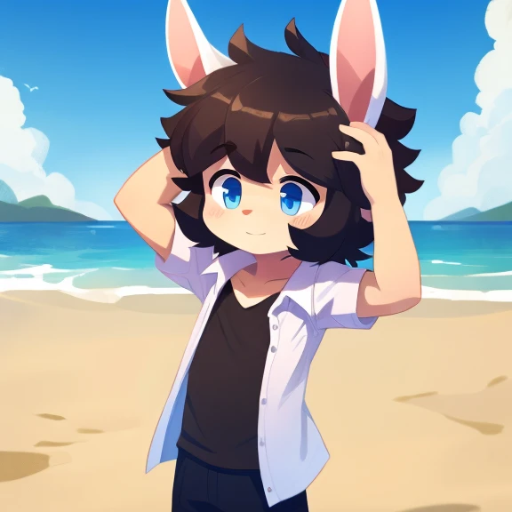 A boy with a cute bunny, thick hair, a detailed body, an open shirt, a beach background, placing his hands on his head 