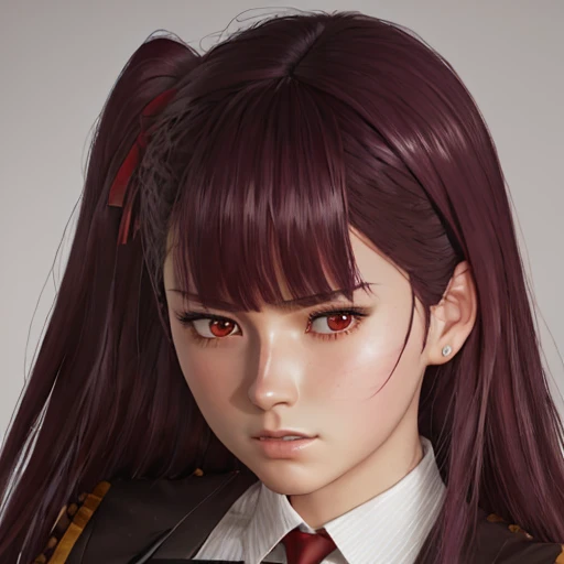      There is a woman with long hair who wears a suit and tie., colegiala hiperrealistic, a colegiala hiperrealistic, Realistic young anime girl     ,     Anime-style realism    ,  estilo de arte anime realistic ,  estilo de arte de anime realistic , Estilo anime 3D realistic, portrait of an anime girl,      artwork in the style of Guweiz     , Detailed portrait of an anime girl,     incredible anime face portrait    .  model,    of German origin  (beautiful,elegant,sexy)  y asian  (beautiful,sexy,linda) ,     just looking at the viewer  , (realistic:1.4), (:1.0), Ojos rojos,     Round pupils     (perfecta), eyelashes(perfecta),form (perfecta),form(better light), beautiful eyes,  big eyes, semi-sharp eyes ,shirt, jacket, red tie,  white skin  ,  white skin  pálida, white skin(better light),(  burgundy hair color    ), Braid, (one side up:1.2), (     hair band   ), (blush, ashamed), (while getting angry),(Detailed, ultra-Detailed, high Detailed, ultra realistic 8k CG,     perfect artwork, lyrical), wooden table, flores, information,  no benefit   