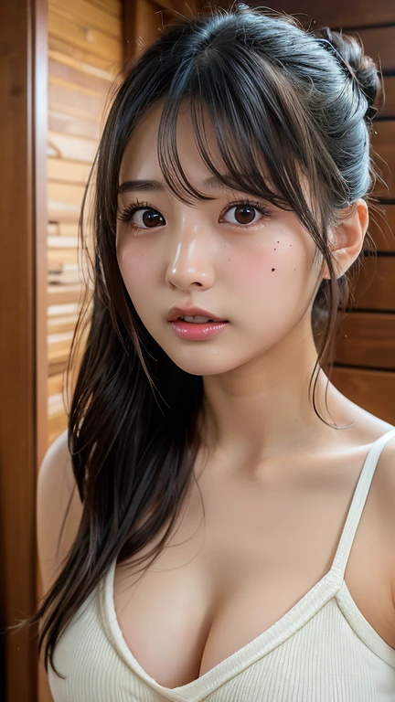 realistic pictures　4K High Resolution　 Japanese girl 　 beautiful girl　amount　 glossy lips 　 has a plump upper lip　 Rustic Vibe 　attractive and  beautiful girl　mole　 small tits　 tank top in front of urinal　 flat chested　 Open Your Mouth Slightly 　Armpits　 Sexy Poses 　AAA Cup　 bun hair　 stick out your forehead