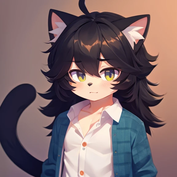 Boy for a cute black cat, thick hair, detailed body, open shirt 