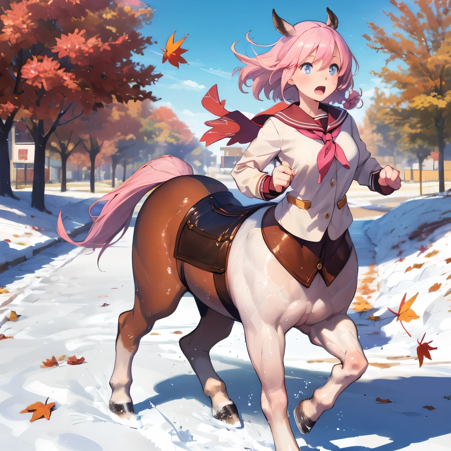  Masterpiece  , Ultra-high-definition CG ,  top quality， very young girl ，Centaur， pink twin-haired  ,Winter uniform， Brown elementary school student  ，  Running，Machimachi ，Hurry，Surprised，  fall leaves for vaginal discharge，
