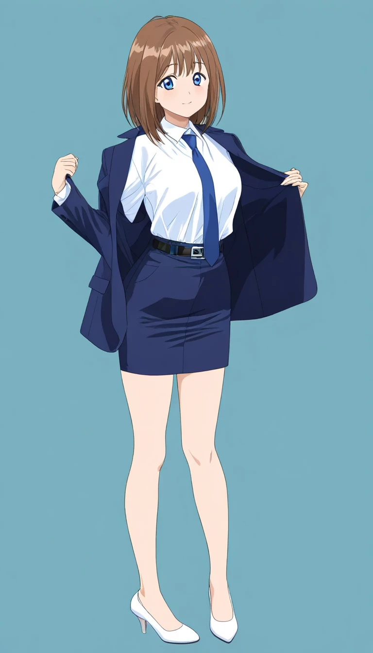 Mahoko Mochida、Brown Hair、Tea pupil、Middle hair、 kind smiles、Blue Eyes、 full body style that reflects your whole body、Normal milk、 narrow waist 、Bare legs、 in a suit、 navy blue jacket , collared shirt 、 white shirt 、 blue tie,belt,navy blue mini pencil skirt, black tights、White pumps、Anime Images、