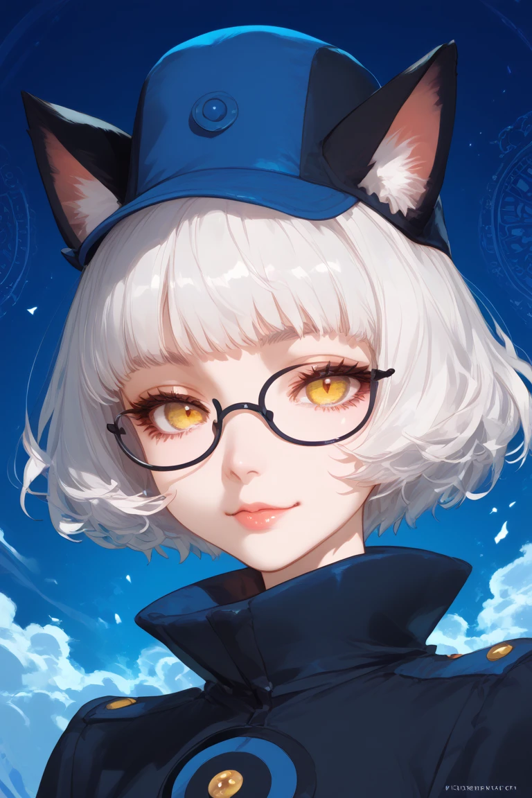 1girl, White Hair, Short Hair, yellow eyes, deep eyes, glasses, slight smile, beautiful eyes, beautiful face 
Hat on her head, blue room on background, beautiful light, cat ears
High Resolution, Masterpiece, Best Quality, High Details, High Quality, Super Detailed, Accurate, 