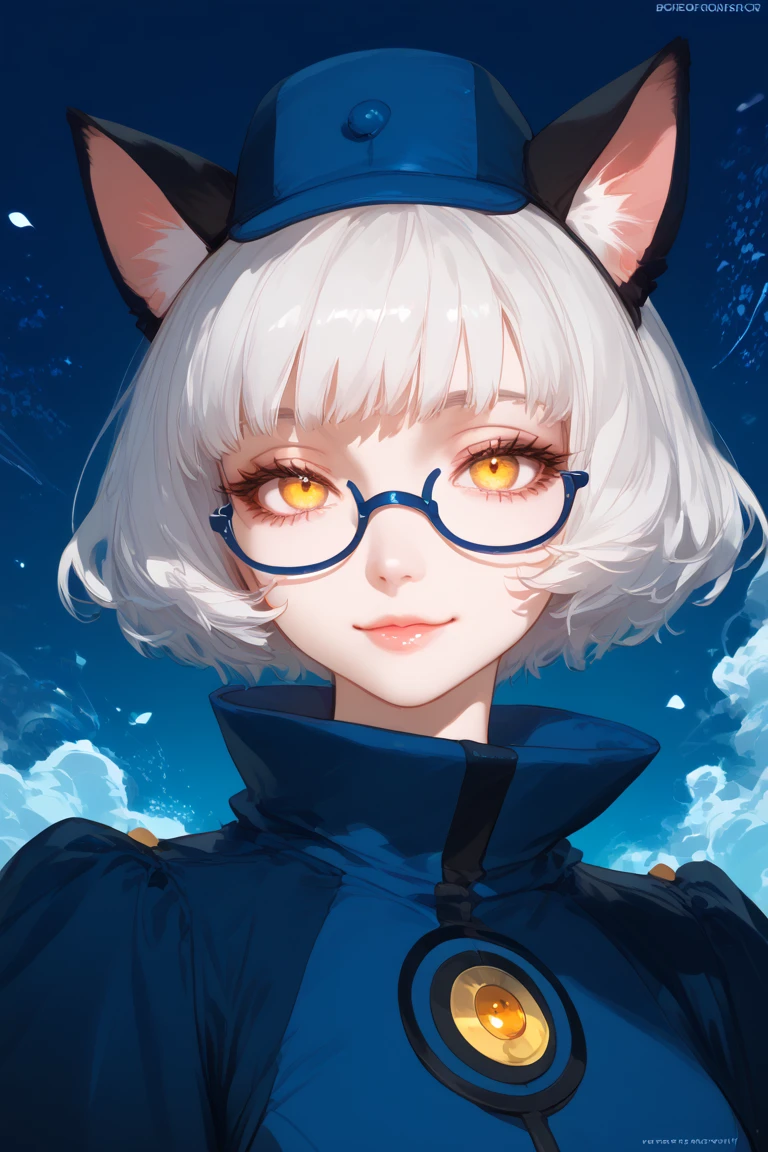 1girl, White Hair, Short Hair, yellow eyes, deep eyes, glasses, slight smile, beautiful eyes, beautiful face 
Hat on her head, blue room on background, beautiful light, cat ears, blue dress
High Resolution, Masterpiece, Best Quality, High Details, High Quality, Super Detailed, Accurate, 