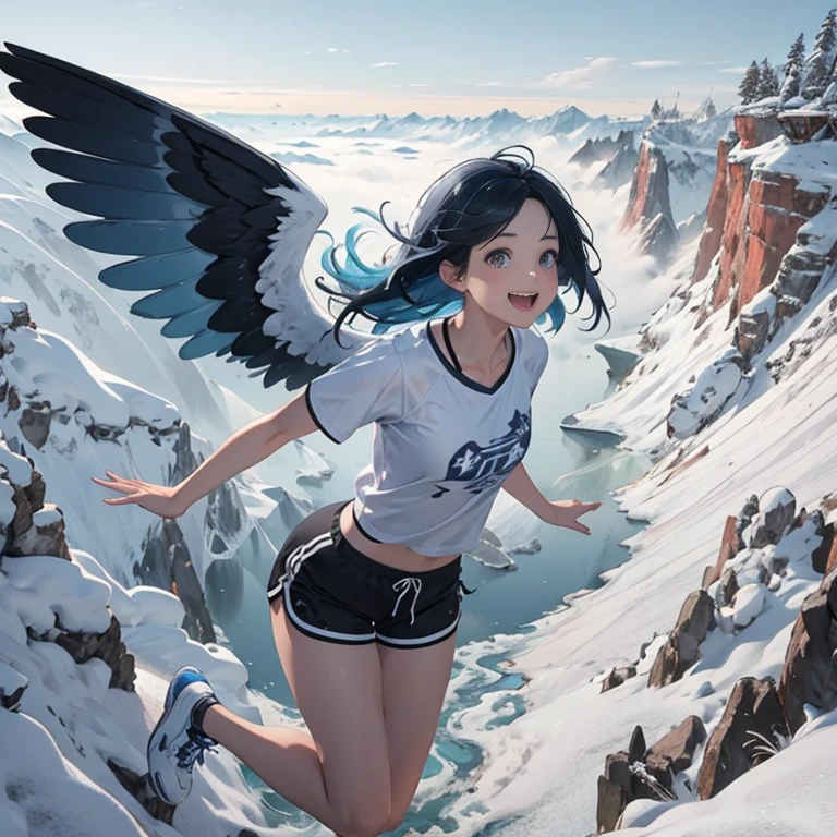 1 angel, solo beautiful female, deep blue wings, beautiful detailed wings, white skin, tomboyish appearance, perfect proportions, slim body, body height, mid length blue hair, bright purple eyes, masterpiece, excellent details, black sports shorts, flying over mountains, happy expression on face, very detailed, silky deep blue hair