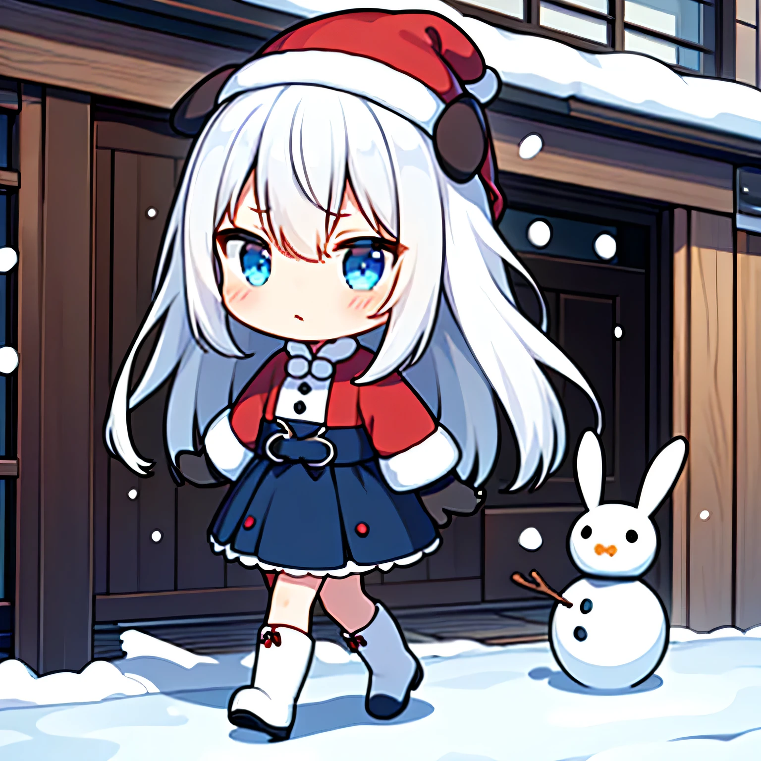 (8k, top quality, Masterpiece : 1.2),super high resolution,1 girl,Alone,( chibi:1.4),ultra-detailed face,ultra-detailed eyes,blue eyes,唇をすぼめる,white woolen gloves,rabbit ears,white woolen beanie,long hair,straight hair,white hair,white mouton boots,hair between eyes,blue ribbon-trimmed sleeves,blue sleeve ribbon,blue ribbon-trimmed skirt,full body,toe,walking,snowman, snow,Ginza street, Tokyo