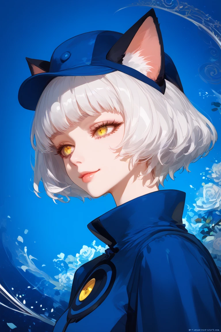 1girl, White Hair, Short Hair, yellow eyes, deep eyes, slight smile, beautiful eyes, beautiful face 
Hat on her head, blue room on background, beautiful light, cat ears, blue dress
High Resolution, Masterpiece, Best Quality, High Details, High Quality, Super Detailed, Accurate, 