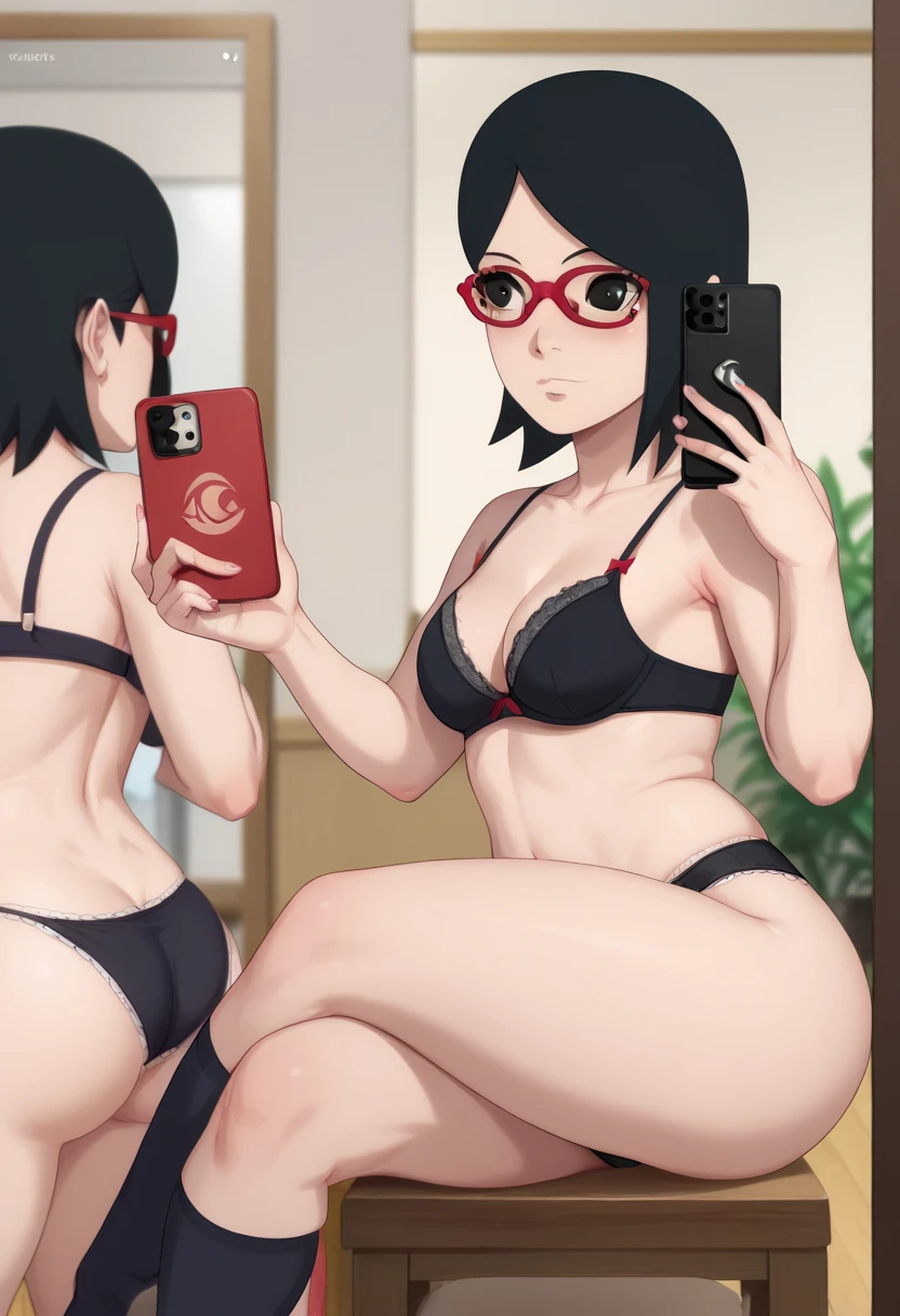 Sarado Uchiha short black hair black eyes red glasses medium tits thick legs peeled thick thighs peeled belly peeled panties black thighs panties and black bra with cell phone in hand taking sexy photo in front of the mirror thick, healed legs and big ass taking sexy photo