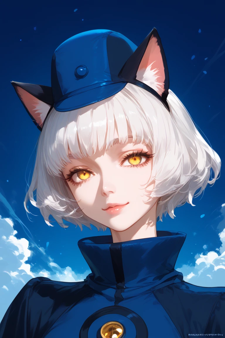 1girl, White Hair, Short Hair, yellow eyes, deep eyes, slight smile, beautiful eyes, beautiful face 
Hat on her head, blue room on background, beautiful light, cat ears, blue dress
High Resolution, Masterpiece, Best Quality, High Details, High Quality, Super Detailed, Accurate, 