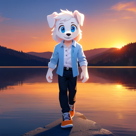 Boy, full white dog, beautiful hair, sky blue eyes, black nose, detailed body, open shirt, black pants, orange shoes, happy person, face dressed in freshness, background, lake, sunset, cinema shot, detailed, high quality Brilliant lake 