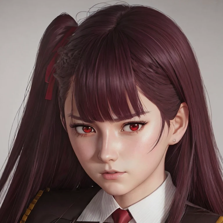      There is a woman with long hair who wears a suit and tie., colegiala hiperrealistic, a colegiala hiperrealistic, Realistic young anime girl     ,     Anime-style realism    ,  estilo de arte anime realistic ,  estilo de arte de anime realistic , Estilo anime 3D realistic, portrait of an anime girl,      artwork in the style of Guweiz     , Detailed portrait of an anime girl,     incredible anime face portrait    .  model,    of German origin (beautiful,elegant,sexy)  And Korean(beautiful,sexy,linda) ,     just looking at the viewer  , (realistic:1.4), (:1.0), Ojos rojos,     Round pupils     (perfecta), eyelashes(perfecta),form (perfecta),form(better light), beautiful eyes,  big eyes,  semisharp eyes,shirt, jacket, red tie,  white skin  ,  white skin  pálida, white skin(better light),(  burgundy hair color    ), Braid, (one side up:1.2), (     hair band   ), (blush, ashamed), (while getting angry),(Detailed, ultra-Detailed, high Detailed, ultra realistic 8k CG,     perfect artwork, lyrical), wooden table, flores, information,  no benefit   