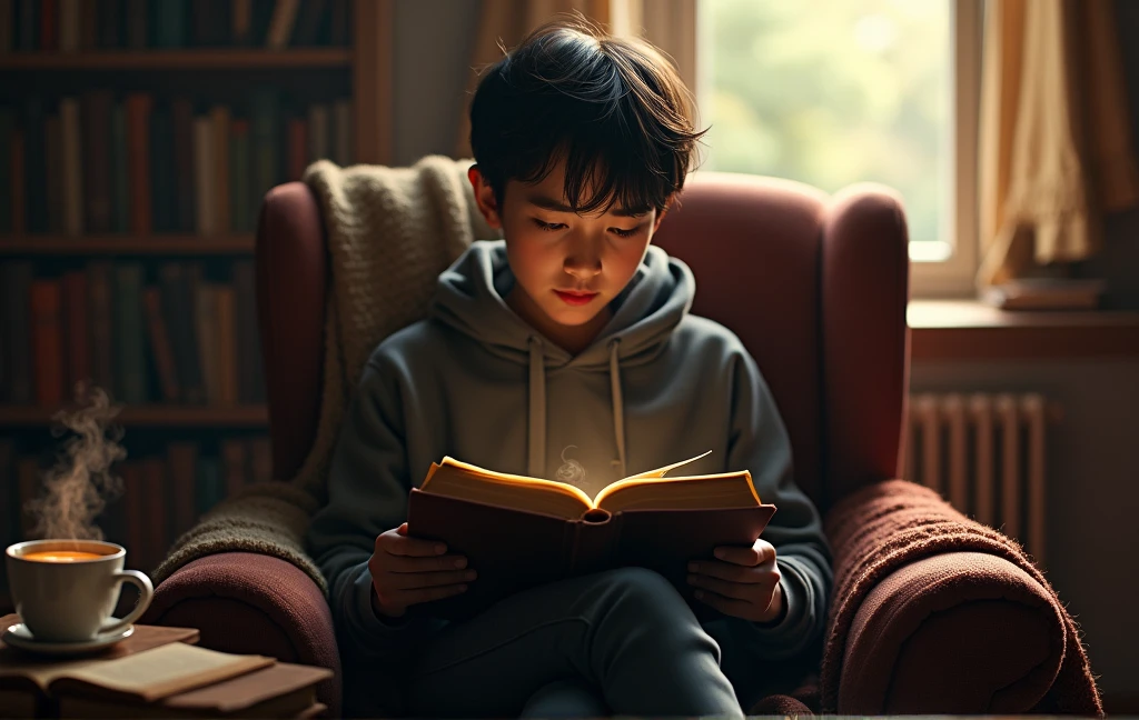 A boy read book in a beautiful library 