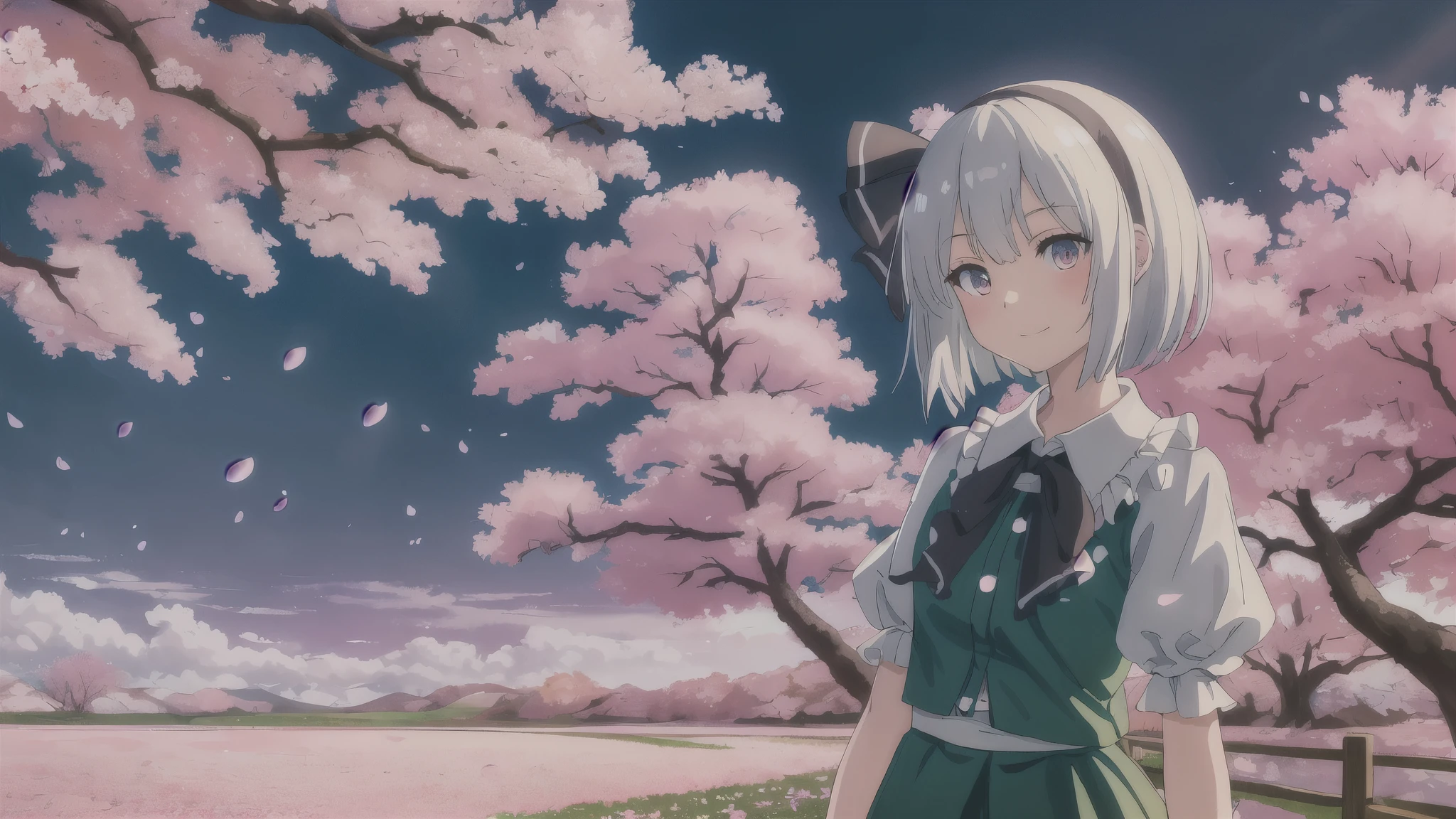 masterpiece, best quality, absurdres, ultra detail, konpaku_youmu_touhou, Beautiful girl, solo, gentle smile on her face flat chest, (detailed eyes),Sunny day landscape images, Only landscapes with flowers, Flower Field, unmanned, There are no animals, Lively, As if blown by the wind々Various kinds of flowers, , Soft lighting, Light background, ndividuality, Beautiful colors, cherry blossom trees