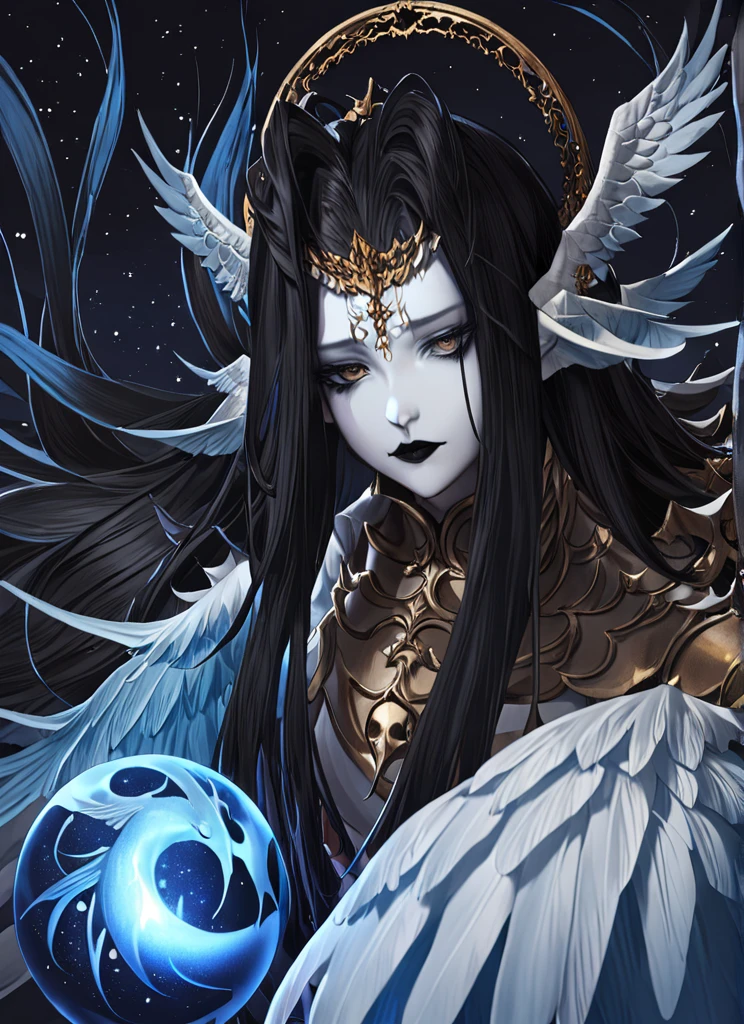 1girl,  solo,  armor,  male focus,  black hair,  black lips,  blue skin,  endsinger,  fantasy,  head wings,  long hair,  looking at viewer,  night,  night sky,  orb,  pale skin,  pointy ears,  wings, 