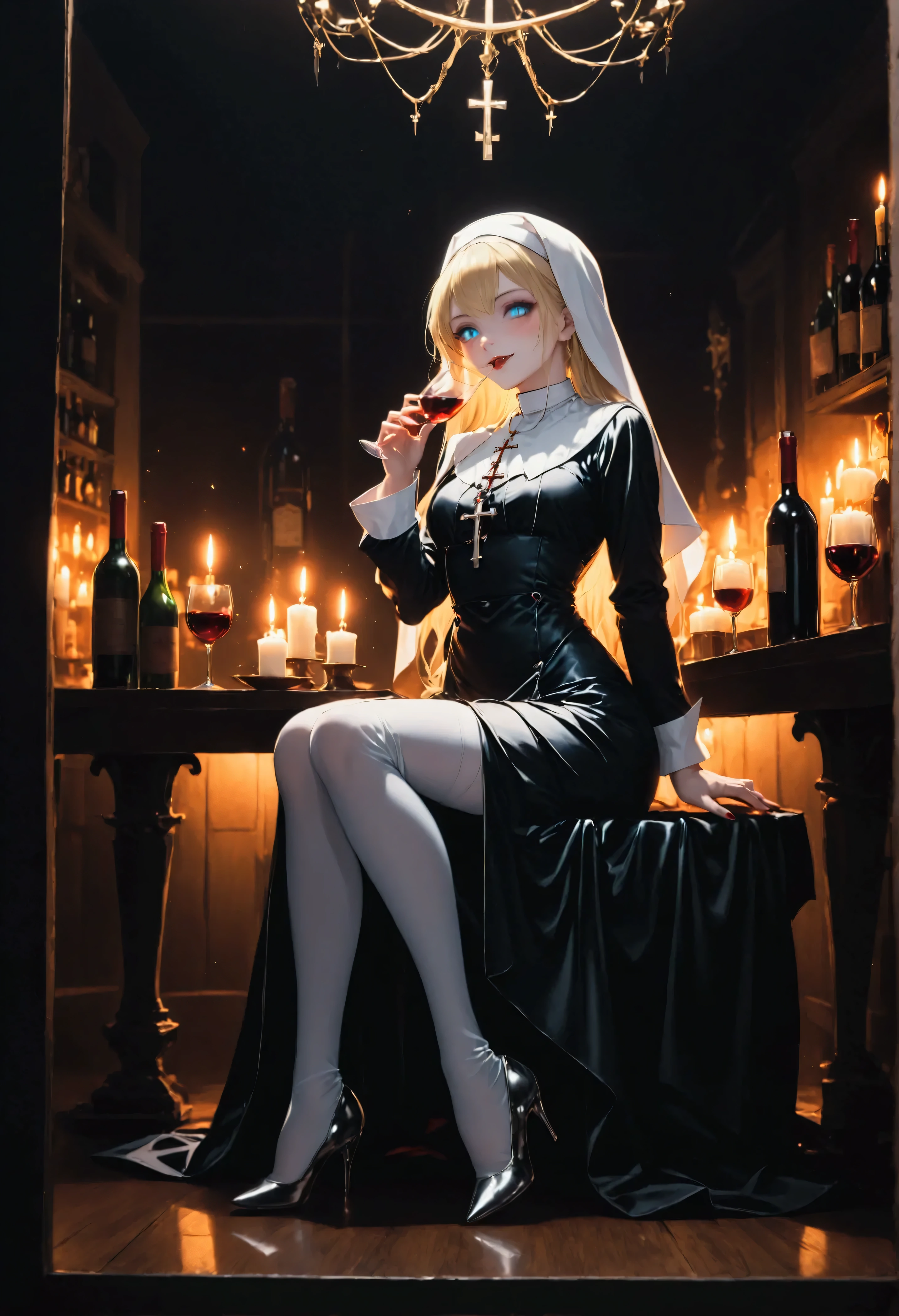 a picture of a 1beautiful vampire Catholic nun sitting in a goth bar, sipping a dark red cocktail, wearing a white catholic nun habit, full body, slightly hiding the edge of white silk stocking, (vampiric fang: 1.3), wearing high heels, smirking, silver cross choker, make up, blond hair, long hair, eye reflection, intense azure eyes, light makeup, shy, blush, goth bar background, wine bottles, lit with candles, photorealistic, Realism, depth of field, cinematic lighting, dim light, full body, silhouette, from side, Ultra-Wide Angle, retina, UHD, best quality, 16k, highres, high details, bl00dyfs, Cinematic Shot