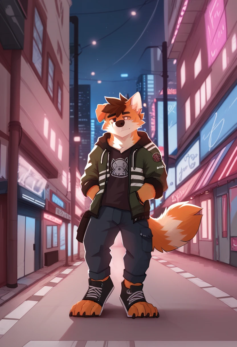 masterpiece:1.2, best quality:1.2, 2D:1.2, sharp:1.2), (hotify), perfect anatomy, perfect eyes, perfect background, (male, solo, full body shot), (evening_environment), (city), (street), beautiful shadows and lights, volumetric lights, feminine male, femboy, anthro, zoroark, white fur with red highlights, green eyes, baggy black sweatpants, oversized hoodie, bulge in the crotch of the pants, bulge, thick thighs, curvey hips, exposed midsection,