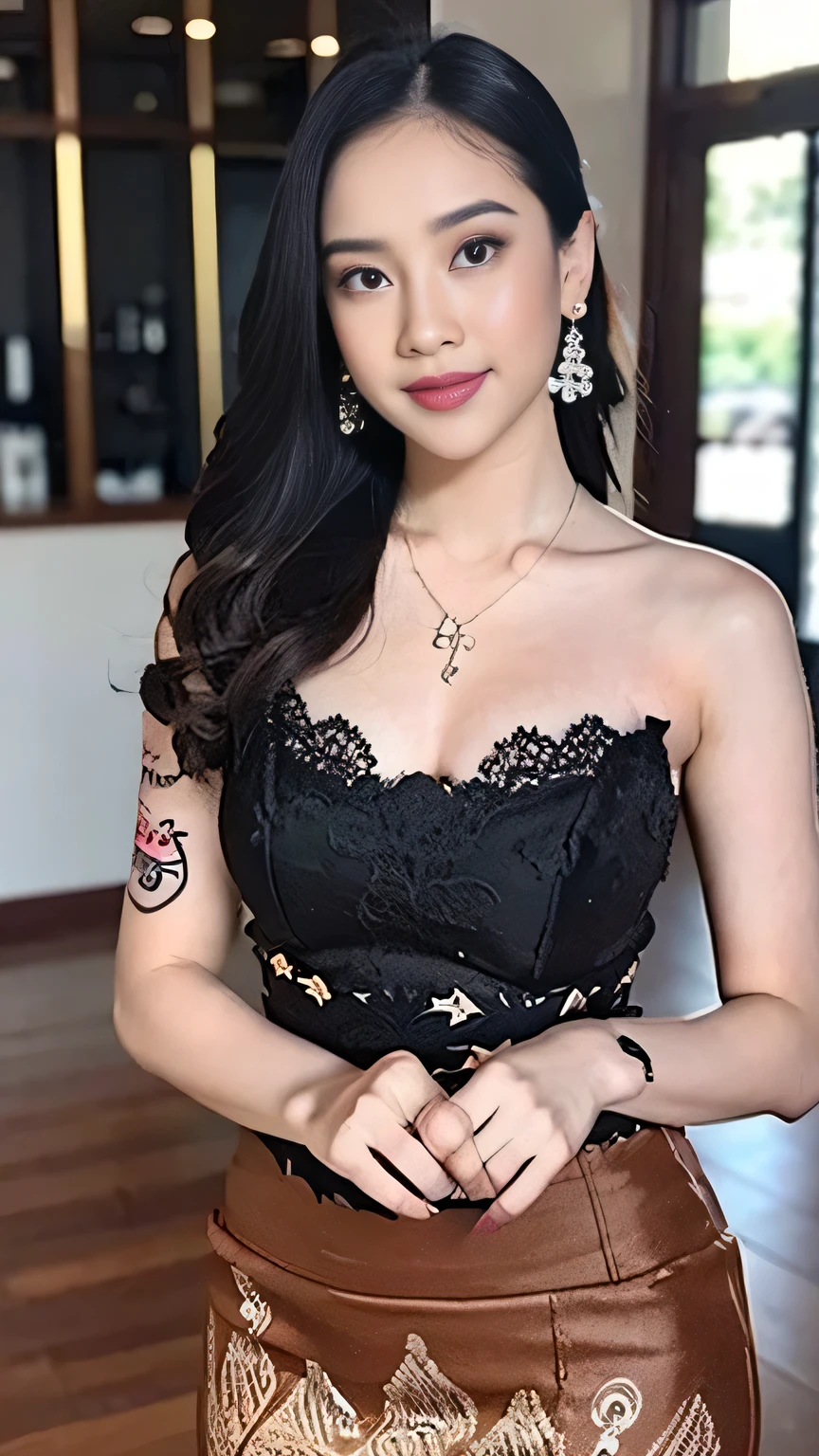 (realistic:1.3), A beauty girl with tattoos on body, beautiful art tattoo detailed, ((text tattoo on her body: Fuck Me)), detailed beautiful eyes, big breast, cute chubby, , insane detailed, quality, (masterpiece:1.2), (photorealistic:1.2), (best quality), (detailed skin:1.3), (intricate details), ray tracing, smile, skirt with pattern, color contrast between the dress and the skirt, skirt pattern, earrings, necklace, Javanese ornament, (blurred background)