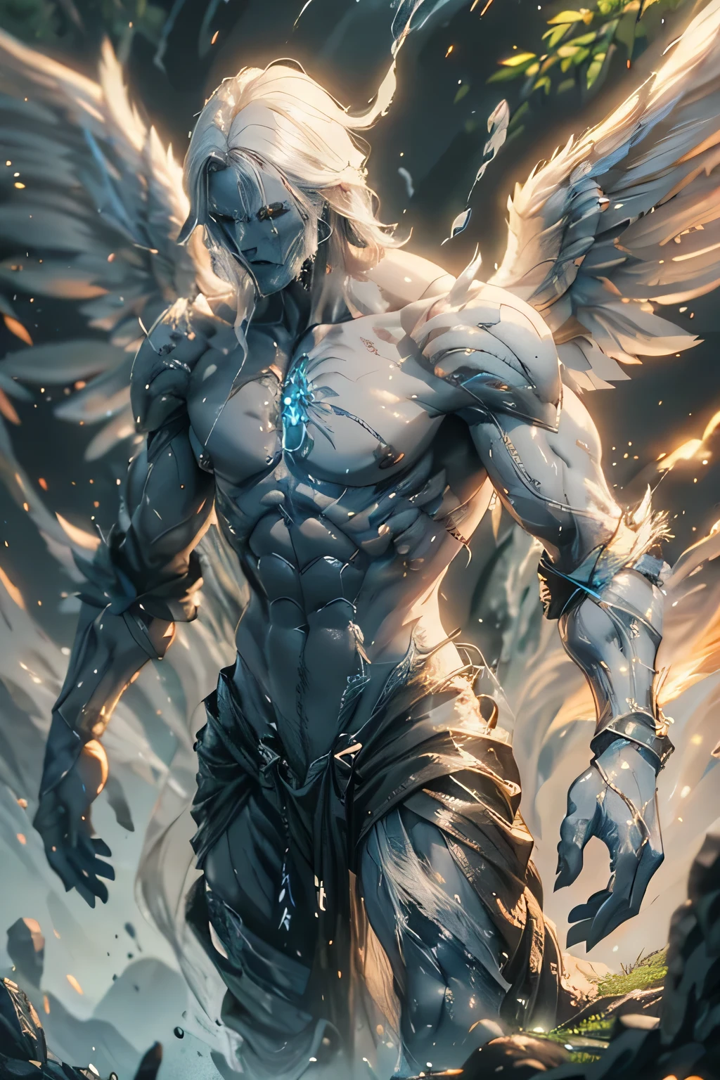 malnourished naked man with gray skin with giant blue energy hands