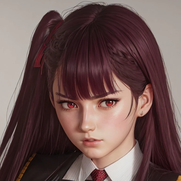      There is a woman with long hair who wears a suit and tie., colegiala hiperrealistic, a colegiala hiperrealistic, Realistic young anime girl     ,     Anime-style realism    ,  estilo de arte anime realistic ,  estilo de arte de anime realistic , Estilo anime 3D realistic, portrait of an anime girl,      artwork in the style of Guweiz     , Detailed portrait of an anime girl,     incredible anime face portrait    .  model,    Of Anglo-American origin (beautiful,elegant,sexy)  y Aleman (beautiful,sexy,linda) ,     just looking at the viewer  , (realistic:1.4), (:1.0), Ojos rojos,     Round pupils     (perfecta), eyelashes(perfecta),form (perfecta),form(better light), beautiful eyes,  big eyes, semi-sharp eyes ,shirt, jacket, red tie,  white skin  ,  white skin  pálida, white skin(better light),(  burgundy hair color    ), Braid, (one side up:1.2), (     hair band   ), (blush, ashamed), (while getting angry),(Detailed, ultra-Detailed, high Detailed, ultra realistic 8k CG,     perfect artwork, lyrical), wooden table, flores, information,  no benefit   