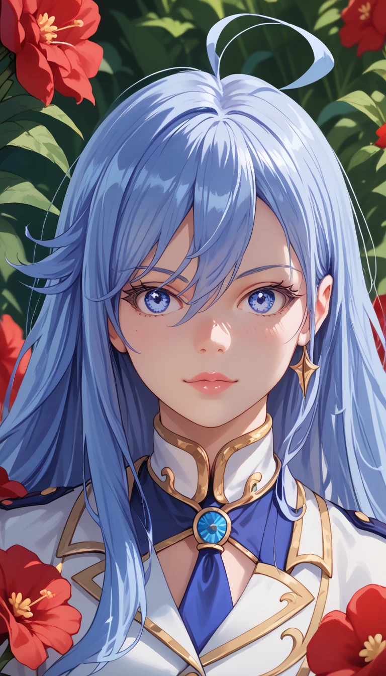 1girl, blue hair, blue eyes, ahoge, cinematic, red flowers