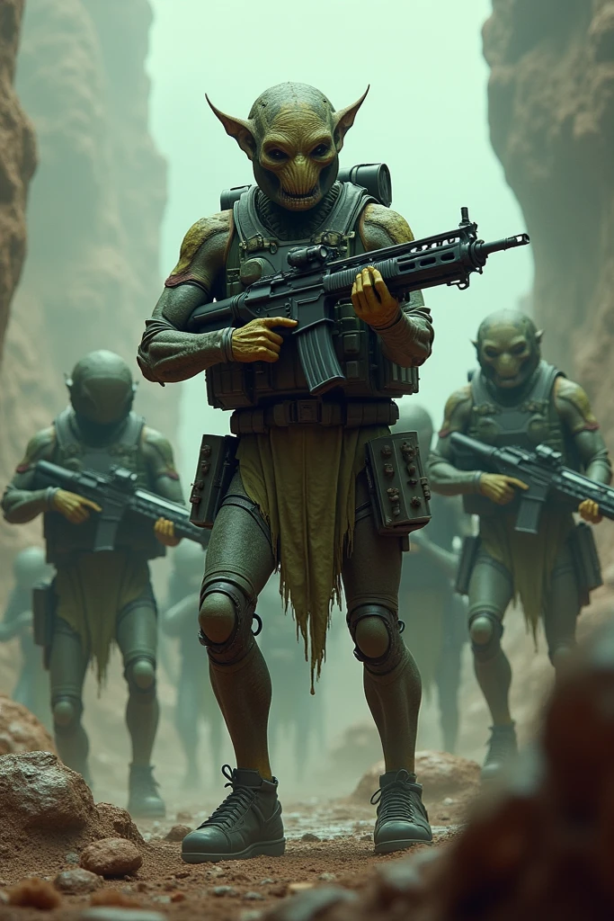 there are many people wearing gas masks and helmets in a group, macaque inside alien base, cinematic 4k blu-ray render, the jungle at the background, star wars atmosphere, gray men, anamorphic flares, hollywood promotional image, taupe, us soldiers, smog, workers --auto --s2