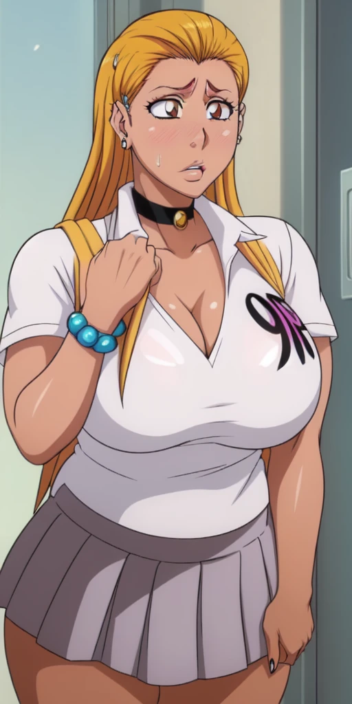 Orihime Inoue,Bleach artstyle,Big breast,Enchanted big breast,Thick lips,((Circle piercing in lips)),((((White shirt school uniform)))),Cleavage,((((short gray skirt))))Curvy figure,Plump,Hoopa bracelet,Long nail,Side burn visible,look at viewer,(((bright yellow blond color hair))),((head facing front)),High quality,Highres,Humongous big breast,visible ear,Big cleavage,light blush,((blue Stud earring)),((A lot of piercing)),((black Chocker)),Hyper Detail,((dark colored Skin)),((tanned Gyaru)),Crossing arm,Messy hair,Detailed lips,Colorless lips,((puckered lips)),unbuttoned collar shirt,mono color hair,((long wavy curly hair)),((leopard print bra)),Solo,1girl,light blush,Glossy lips,(((slicked back hair))),flirty,Enchanted big breast,puckered lips,squeeze to show off cleavage,((Nose piercing)),((Side swept hair)),ease eyebrow,((Spider bites mouth piercing)),Detailed eyes,Swaying hips