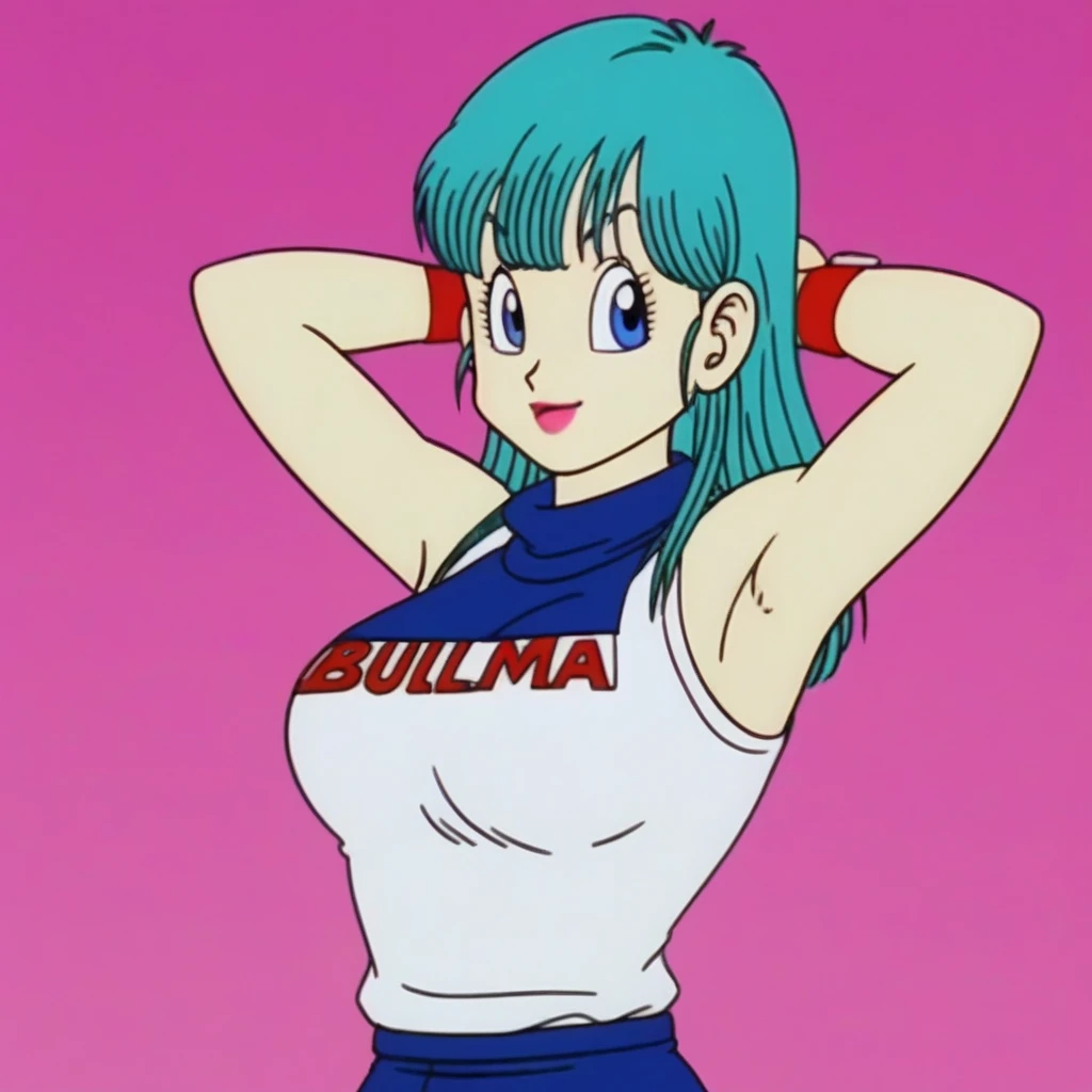 source_anime, score_9, score_8_up, score_7_up, anime screencap, bulma \(dragonball\), aged_up, brick wall, blue skies, 1girl, solo, medium hair, blue eyes, jewelry, earrings, outdoors, sleeveless, tree, aqua hair, retro artstyle, 1990s \(style\), ((((nude showing bib boobs))))(((hands above showing armpits)))), right arm down, looking at the viewer, medium breasts, upper body, smile, standing,