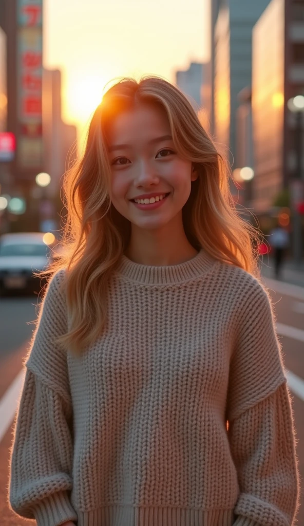 22 year old girl、 baby face、White Breath、((Tokyo cityscape))(  sunrise)((knit coordination ))( sexy)
 best quality,  anatomically correct,  high detail,  very detailed,  textured skin ,  smiles, 