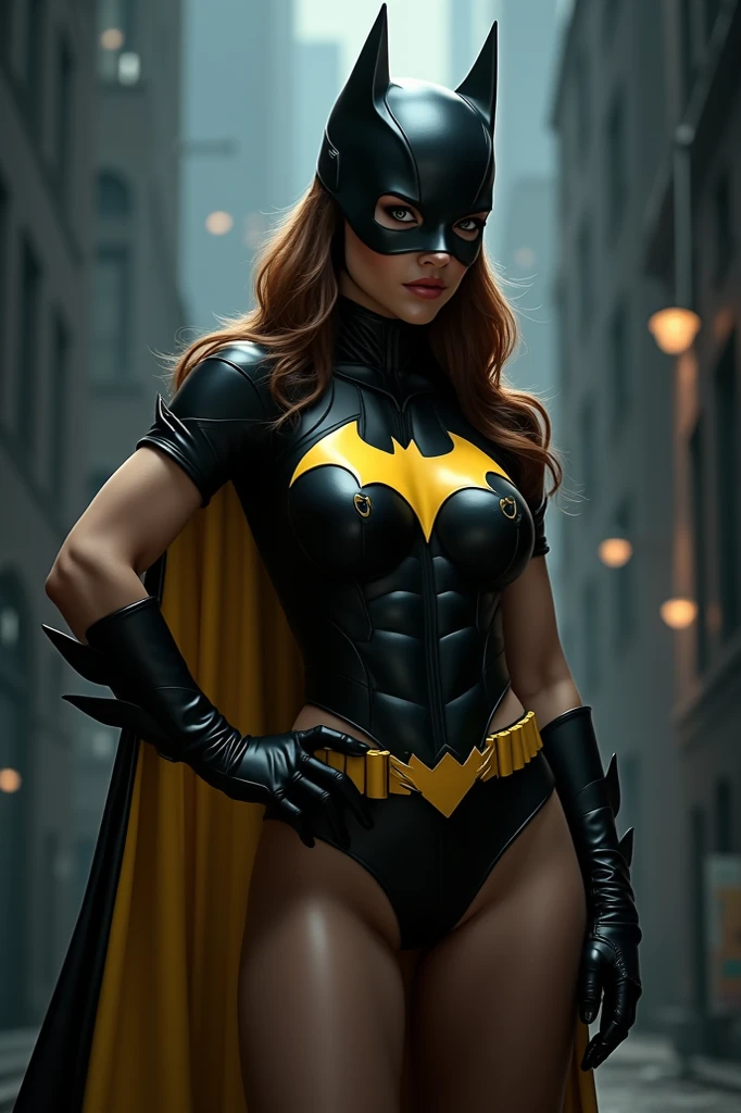 Batgirl Arkham knight, sexy woman,DC comics,small, half naked, classic costume with mask, custom colors blue and yellow, YOUNG, super skynny body, small and beautiful buttocks, toned abdomen, small and beautiful breasts, gloves, Boots, pose sexy, malevolent, obscene, powerful, super sensual, oscuridad, nocturno, Dramatic background, In the background is Gotham City on fire, Apocalyptic atmosphere, Batman signal in the sky, sensual look, beautiful blue eyes, classic hairstyle,Hair dyed in bright red color, best quality,4k,8k,A high resolution,masterpiece,ultra detailed,Realistic, Photorealistic,photo realistic