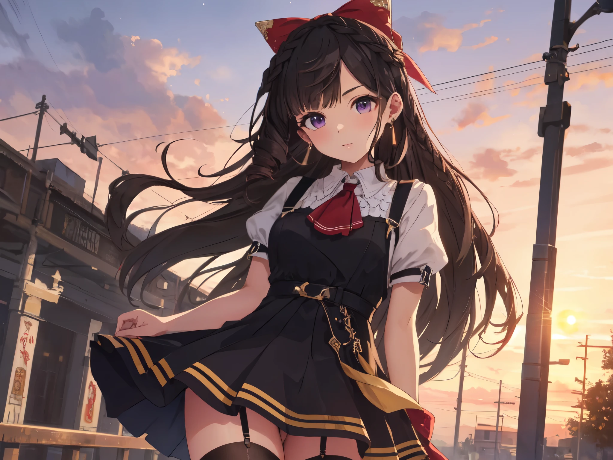 Solo, 1 Female, (Human Ear, Earring), (Black Hair), (Arms Behind Waist), (Anime Face), (Hair Accessories), (Leather Suspenders, Gorgeous Dress, Micro Mini Skirt, Garter Belt Stockings), (Sunset Sky, Sunset, Evening Sky), (Focus on Breasts), (High Resolution, Masterpiece, Accurate, Anatomically Correct, Multiple Award Winning Condition, Top Quality, Detailed, High Quality Model, High Quality, Retina, Highly Detailed Condition, Ultra High Resolution).