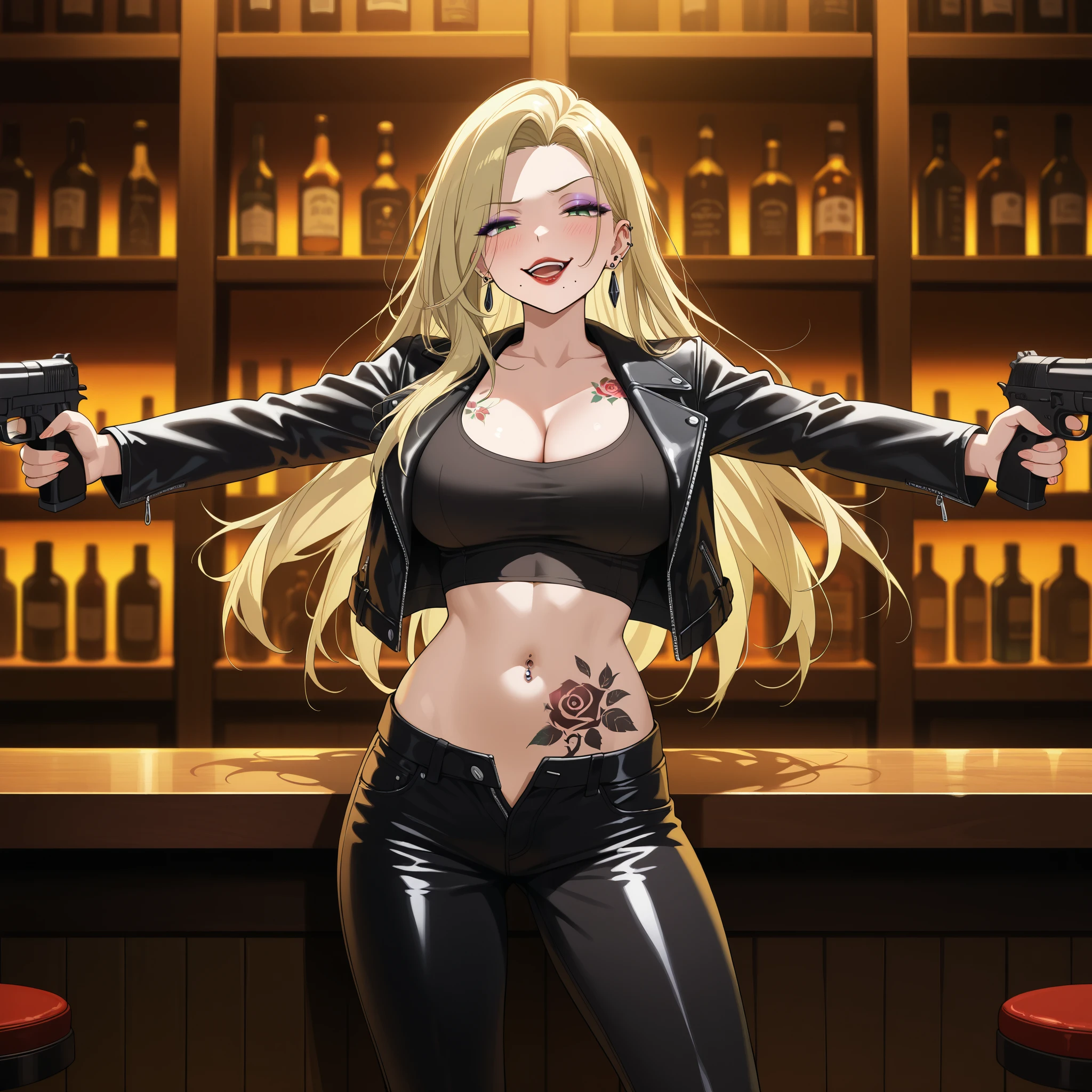 KJOsayo, long hair, blonde hair, green eyes, half-closed eyes, mole under mouth, purple eyeshadow, long hair, earrings, red lips, large breasts, ear piercing, long hair, blush, lipstick,Hot girl, baddie, smoking, sensual, attractive , ,bar background, inside bar,indoors, masterpiece, best quality, highly detailed, a girls with a gun, evil smile , open mouth, sexy gaze, badass pose , evil smile, smile, (nsfw) not safe for work, guns blazing, anime girl with long hair, beautiful long haired girl, navel, evil expression, exposed belly, exposed navel, exposed midriff, exposed lower belly, long black pants, crop top, cleavage, unbuttoned leather pants ,open fly, low rise black leather pants, leather jacket, holding a gun, holding pistol, tattoo on body, tattoo midriff, rose tattoo, navel piercing, open arms sideway, arms T-pose, smirk, standing, anime girl T posing