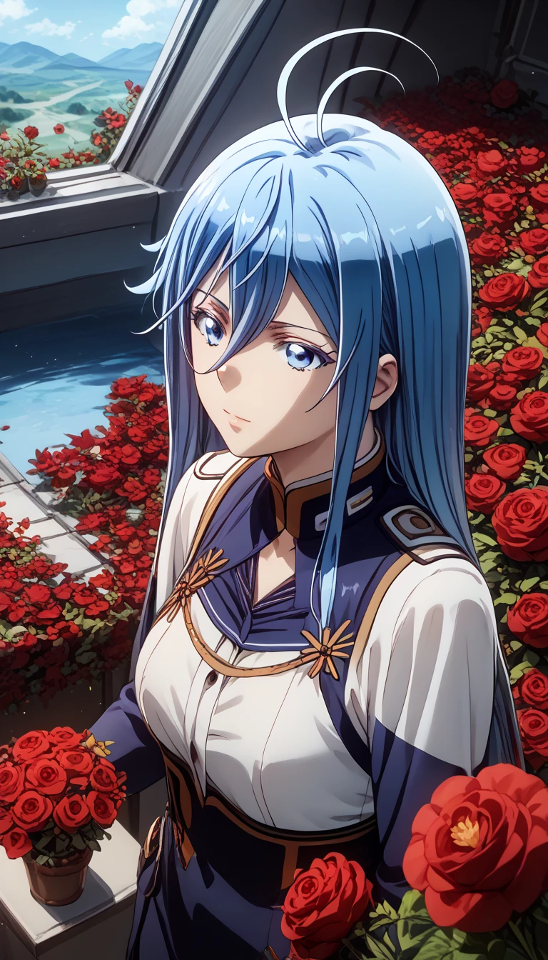 1girl, blue hair, blue eyes, ahoge, (Vladilena Milize), Vladilena, red flowers, anime, wallpaper, detailed 