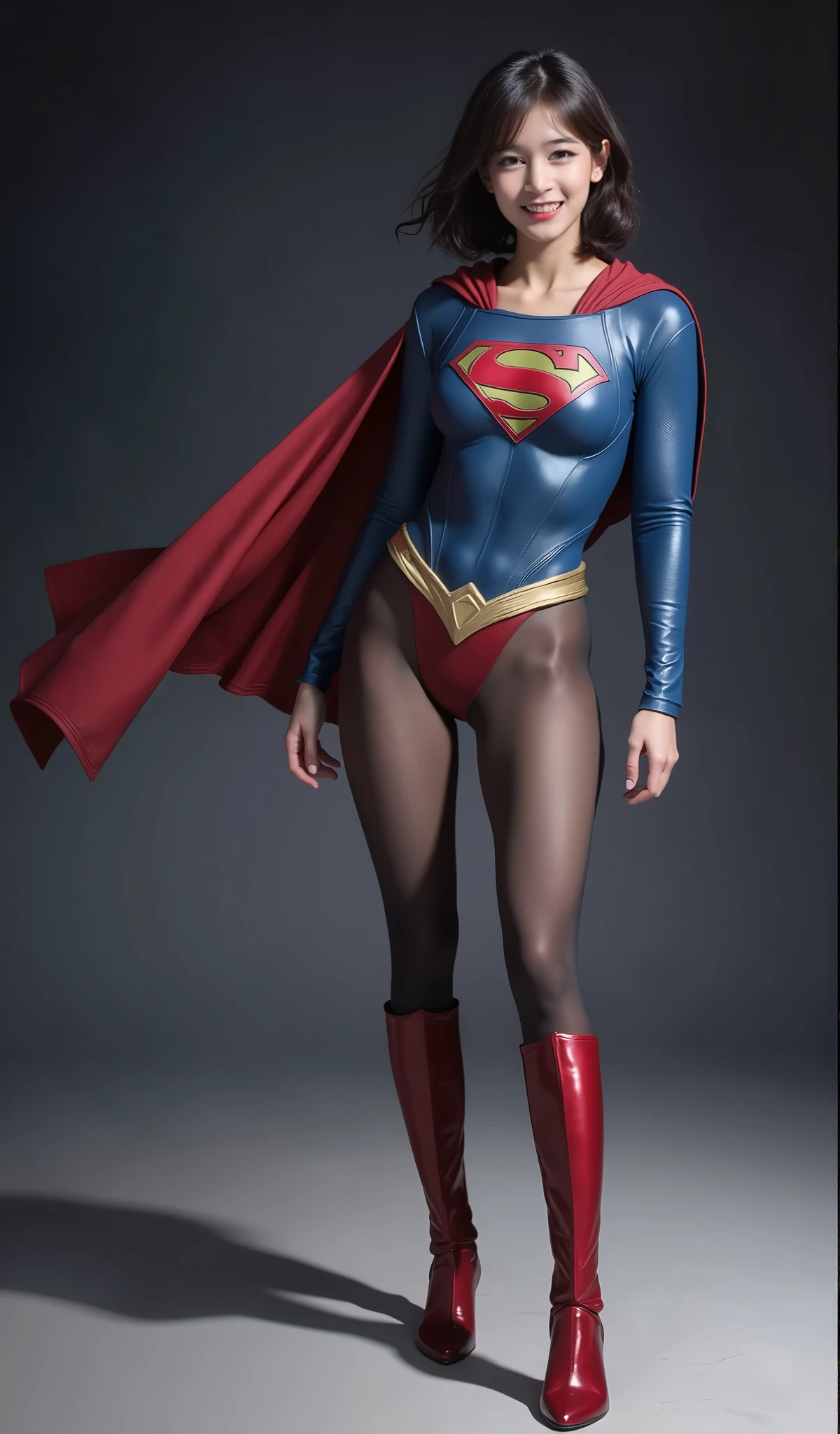 No background、(((Beautiful legs in black tights.)))、(((Legally express the beauty of your smile)))、((((Make the most of your original images)))、(((Supergirl Costume)))、(((Beautiful short bob hair)))、(((suffering)))、(((Please wear black tights....、Wear red boots)))、((Best image quality、8k))、((highest quality、8k、masterpiece:1.3))、(((Preserve background )))、Sharp focus:1.2、Beautiful woman with perfect figure:1.4、Slim Abs:1.2、Wet body:1.5、Highly detailed face and skin texture、8k