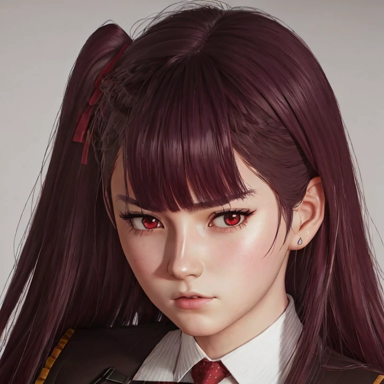      There is a woman with long hair who wears a suit and tie., colegiala hiperrealistic, a colegiala hiperrealistic, Realistic young anime girl     ,     Anime-style realism    ,  estilo de arte anime realistic ,  estilo de arte de anime realistic , Estilo anime 3D realistic, portrait of an anime girl,      artwork in the style of Guweiz     , Detailed portrait of an anime girl,     incredible anime face portrait    .  model,    of Euroasian origin(beautiful,elegant,sexy)  y Aleman (beautiful,sexy,linda) ,     just looking at the viewer  , (realistic:1.4), (:1.0), Ojos rojos,     Round pupils     (perfecta), eyelashes(perfecta),form (perfecta),form(better light), beautiful eyes,  big eyes, semi-sharp eyes ,shirt, jacket, red tie,  white skin  ,  white skin  pálida, white skin(better light),(  burgundy hair color    ), Braid, (one side up:1.2), (     hair band   ), (blush, ashamed), (while getting angry),(Detailed, ultra-Detailed, high Detailed, ultra realistic 8k CG,     perfect artwork, lyrical), wooden table, flores, information,  no benefit   