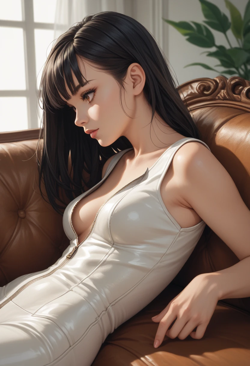 Hyperrealistic close-up photo of Gal Gadot in a black T-shirt dress, sitting in the armchair, nice legs, pose sexy, Hotel lobby, beautiful woman, perfect body, medium breasts, Smooth brown fur, detailed face, smile, photo taken from a distance, 25 years old