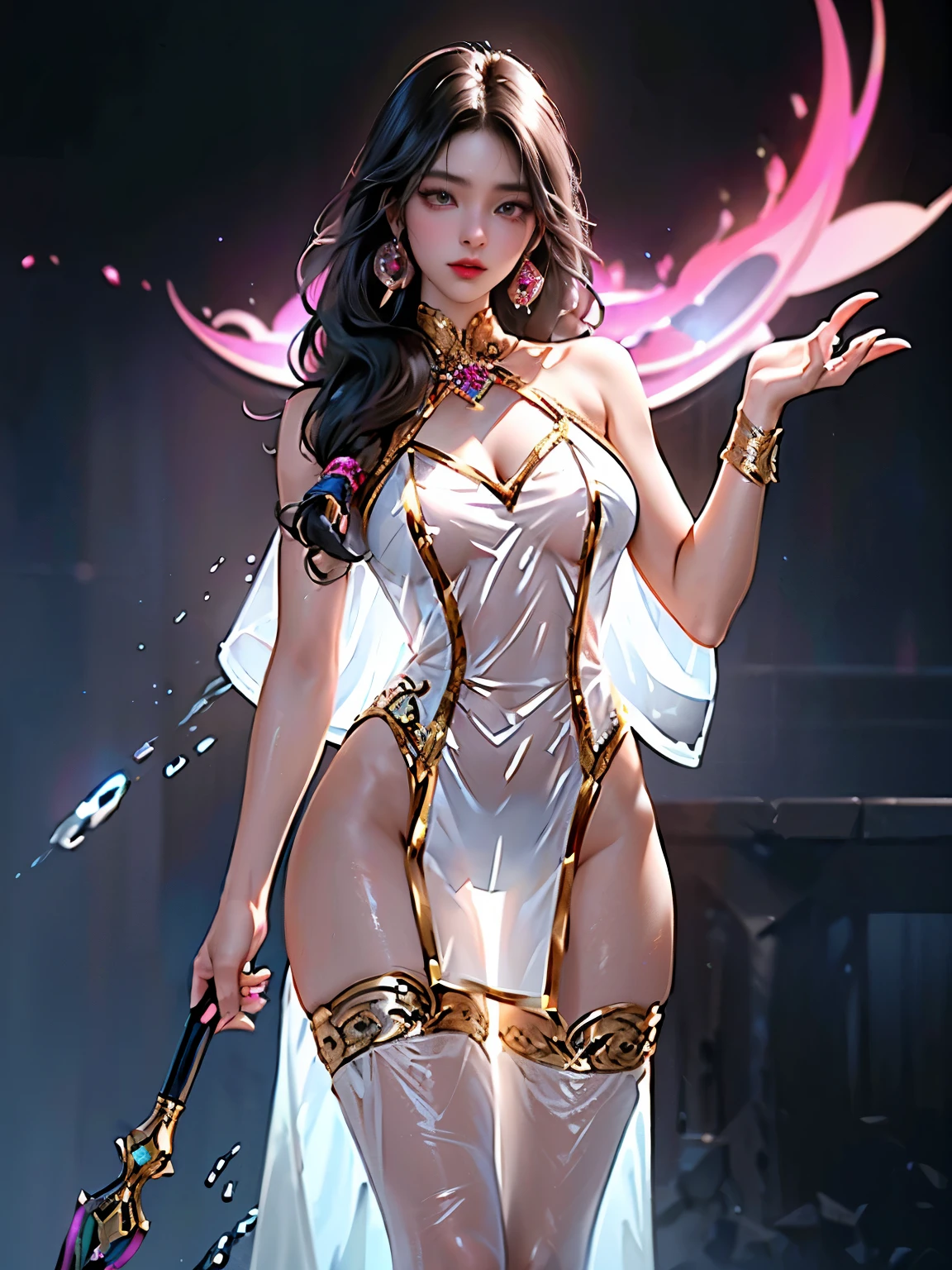 ((A woman)), withxy Chinese girl with beautiful face, decorative dress , very beautiful decorations dress, Purple, ((Lace)), Mesh dress, Mesh shawl flowing, (((Light theme, Expose theme, withxyTheme, cyberpunk style)))
(( transparent clothes:1.5), ( exposed clothes : 1.5), (Wet clothes:1.5), (((Clothes Color: Pink))), (Theme: vitality), ((transparent sci-fi clothes ))), ((( Transparent clothes showing the figure inside))),
(((night, Doomsday ruins, Abandoned floor, Wet environment, hot spring, rain)))
((Desktop:1.0), (最 high quality:1.0), ( high resolution :1.2), (Reality:1.0),( Ultra HD:1.3))
(( 8k Ultra HD, 8k, 超 high resolution , high resolution , 最 high quality, high quality, best image quality, Supene, super clear, clearly focused , Clear outline, masterpiece, Masterpieces, complete pattern, Detailed photos, original photo, Delicate facial features, Well-defined, Highly rated works, Close-up depth of field photography, above the knee , Symmetrical character)),
((Creating the image of a real girl), realistic shadow , soft natural light , soft lighting, dynamic angle, dynamic posture, elegant posture, Cowboy lens, Full body front view, full of confidence, Facing the camera, Eyes looking towards camera lens, standing position, Open your legs slightly, spread legs , golden ratio graphic , Minimalism , Center the character),
((Smile, withxy, Balanced Eyes, realistic eyes , Beautiful details of the eyes, pretty face, (Realistic face), Normal facial features, realistic skin , Pay attention to skin details, clean and shiny skin , Full body glossy skin, Fair Skin , Anatomically correct body, Golden ratio figure, withxy身材, Detailed and realistic human body)),
(Perfect makeup, Gloves, earrings, bracelet, necklace, Jewelry, Hair accessories, shawl, sock, Knee socks, Hanging garter, Leg ring, garter, Leg garter),
(( beautiful hair ), Dark black hair, Wavy curly hairstyle, Waist-length hair, Messy Hairstyle, Gradient Hairstyle, Cyberpunk hairstyle, bangs),
((with
