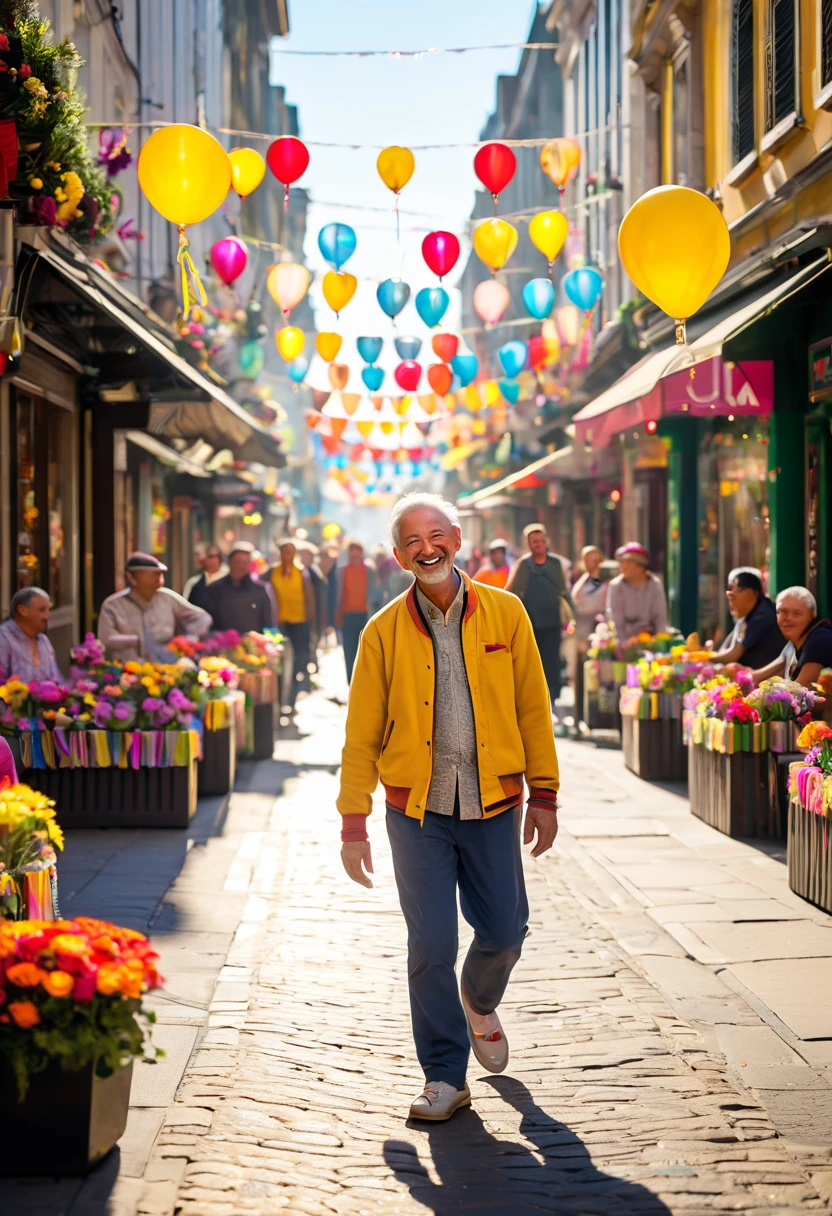 A lively city street bathed in warm sunlight, filled with colorful decorations, blooming flower boxes, and the cheerful buzz of life. People gather in small groups, laughing and talking, their faces glowing with joy. Street performers entertain passersby, ren play with balloons, and cafes overflow with happy patrons enjoying the vibrant atmosphere. Amidst this celebration, a lone travel man walks down the street, his head slightly bowed and his posture subdued. Dressed in muted, nondescript clothing, he contrasts starkly with the bright and festive surroundings. The focus is on his solitary journey, evoking a poignant sense of isolation against the backdrop of collective happiness