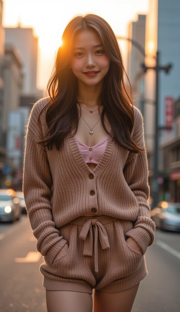 22 year old girl、 baby face、White Breath、((Tokyo cityscape))(  sunrise)((knit coordination ))( sexy)
 best quality,  anatomically correct,  high detail,  very detailed,  textured skin ,  smiles, 