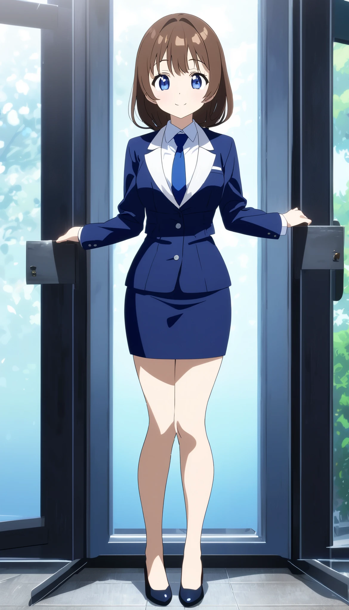 Mahoko Mochida、Brown Hair、Tea pupil、Middle hair、 kind smiles、Blue Eyes、 full body style that reflects your whole body、Normal milk、 narrow waist 、Bare legs、 in a suit、 navy blue jacket , collared shirt 、 white shirt 、 blue tie,navy blue mini pencil skirt,Black pumps、Anime Images、