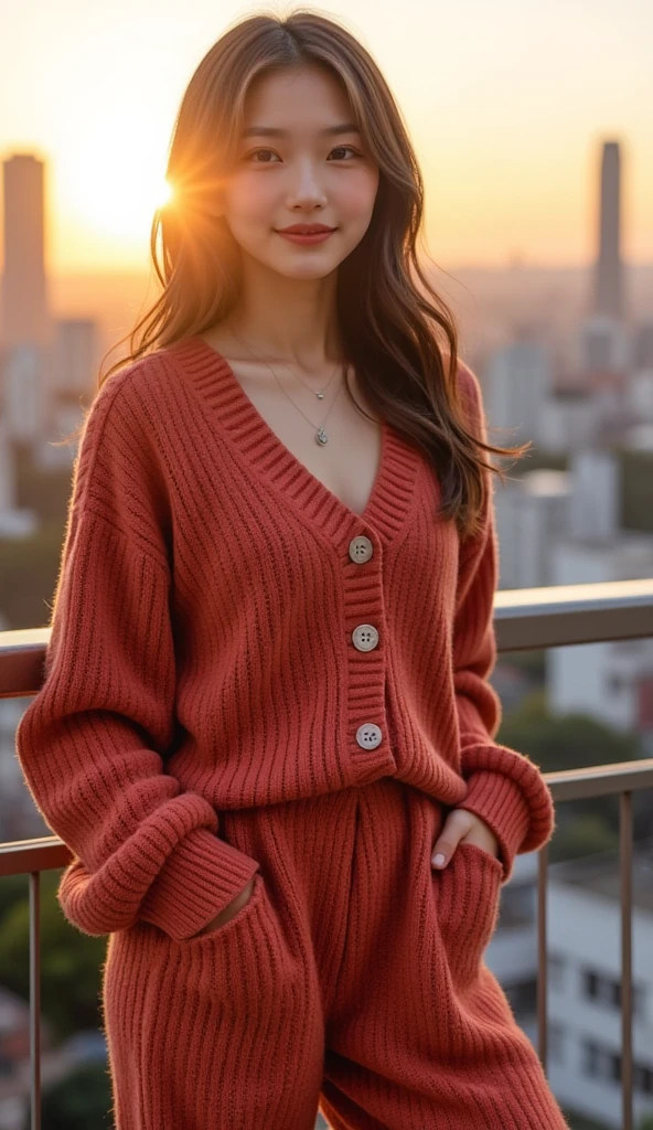 22 year old girl、 、White Breath、((Tokyo cityscape))(  sunrise)((knit coordination ))( sexy)
 best quality,  anatomically correct,  high detail,  very detailed,  textured skin ,  smiles, 