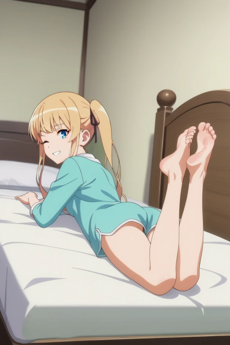 1girl,Eriri blonde hair,blue eyes,sawamura spencer eriri,long hair, small breast, twintails,black ribbon,     High Resolution, Masterpiece, High Quality,  anime screencap,  dynamic angle, takeda hiromitsu style,     prone, on stomach, lying, the pose, pajamas, feet, soles, barefoot, barefoot, feet, perfect feet, small feet, solo, 1girl, oiled soles, indoors, on bed, smile, wink, side view,